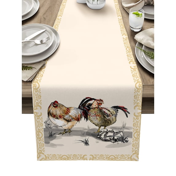 Rooster Farm Animal Country Table Runner Chinese Style Plant Tablerunners 18 x 72 Inch, Table Decorations Tabletop Scarf for Summer Gathering Holiday Farmhouse Kitchen Dining Decor