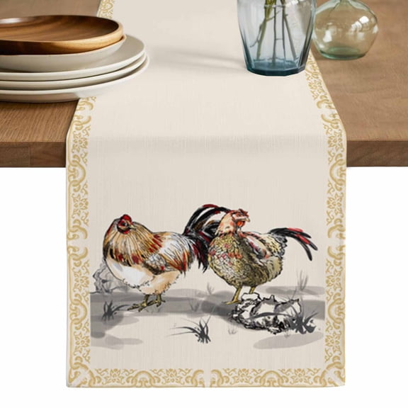 Rooster Farm Animal Country Table Runner, Chinese Style Plant Washable Cotton Linen Table Runners 36 Inches Long, Dresser Scarf Runner for Nightstand/End Tables/Round Tables 13''x36''