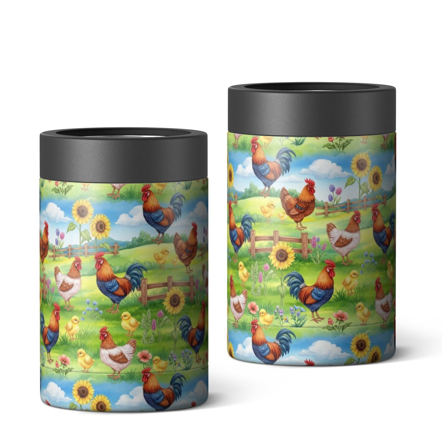 Outdoor Ranch Decor Ideas Rooster and Farm Green Pattern OneSize Can Cooler 1 Pack, Vacuum ...