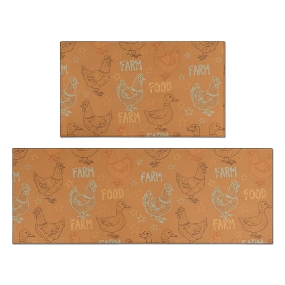 Rooster and Farm Orange Pattern Anti Fatigue Kitchen Rugs Set Of 2, Non Slip Washable Decorative Floor Mats for Kitchen Sink Laundry, 17"x30" and 17"x47"
