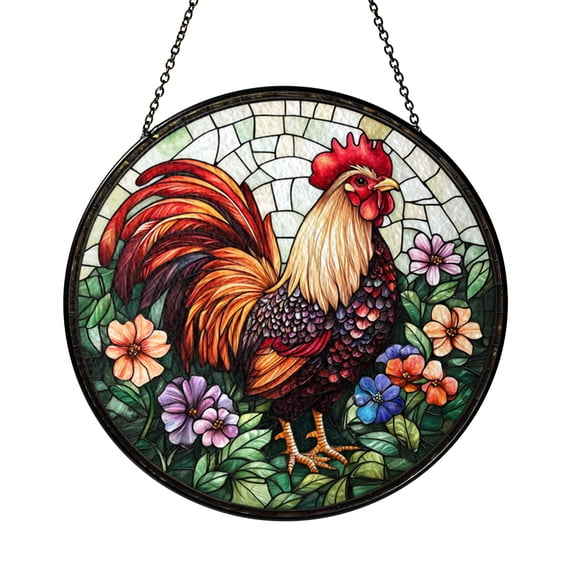 Rooster Farm Scene Stained Glass Style Suncatcher, Rustic Poultry Decorative Window Hanging Art Panel