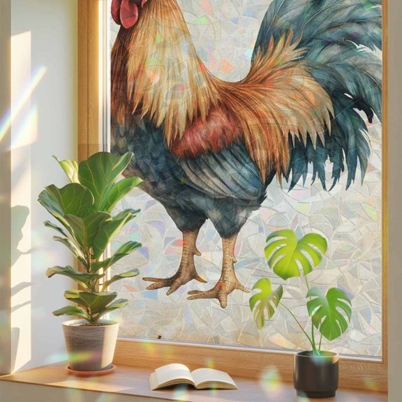 Rooster Farmhouse Animal Window Privacy Film, Rainbow Film Decorative Window Sticker 17.7x39.3in, Retro Country Style Sun Blocking Static Stained Glass Cling Tint Non-Adhesive