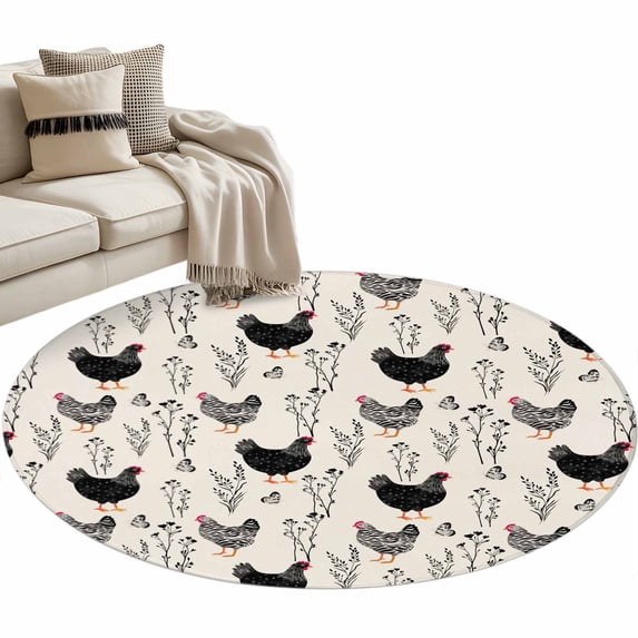 Rooster Farmhouse Beige Round Area Rugs Collection 4', Farm Animals Simple Art Modern Non Slip Indoor Circular Throw Runner Rug Floor Mat Carpet for Living Room Dining Table Bedroom Nursery