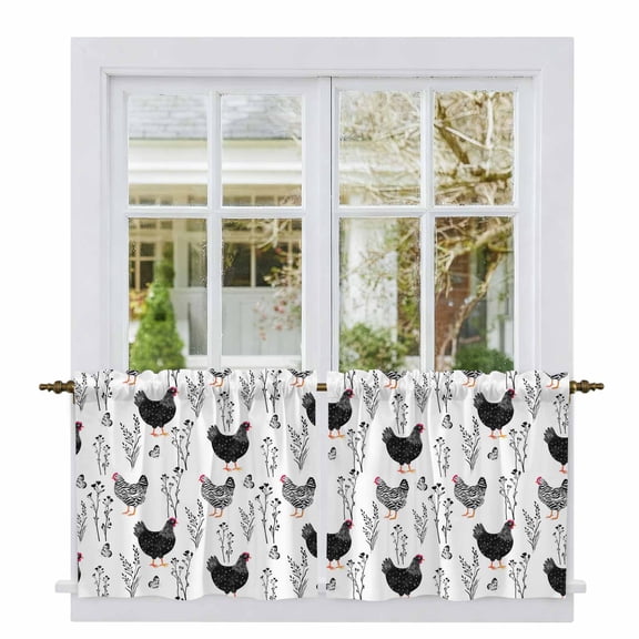 Rooster Farmhouse Black Tier Curtains 24 Inch Length, Farm Animals Simple Modern Cafe Short Curtains for Bathroom Over Sink, Small Kitchen Curtain Light Filtering Tiered Drapes 2 Panels 27.5"Wx24"L