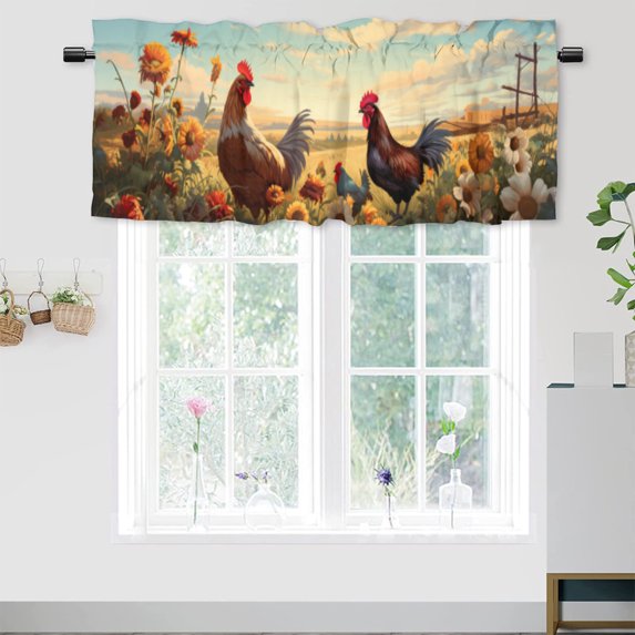 Rooster Farmhouse Curtain Valance for Kitchen Farm Animal Rustic Country Nature Scenery Window Valance for Living Room Bedroom, Kitchen Valance Rod Pocket Window Decor Curtain 54 by 18 in, 1 Panel