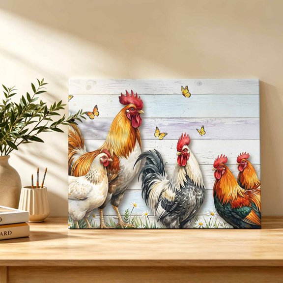 Rooster Farmhouse Hen Canvas Wall Art, Country Butterfly Rustic Wood Grain Wall Art Prints Artwork Framed Canvas Ready to Hang Art Pictures for Bathroom Bedroom Entry Desk Corner 10" x 8"