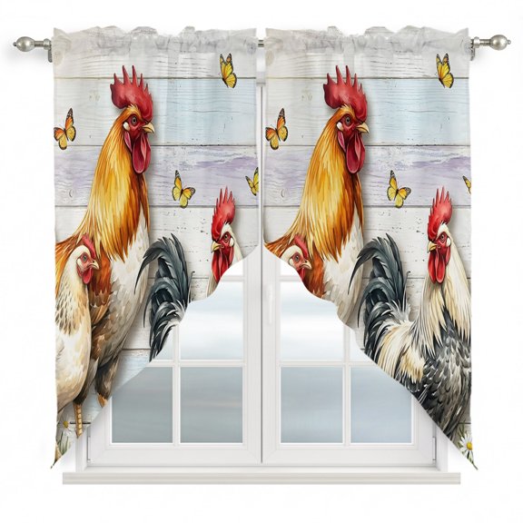 Rooster Farmhouse Hen Swag Valances for Windows 2 Pack Country Butterfly Rustic Wood Grain Swag Kitchen Curtains 63 Inches Long Rod Pocket Short Window Treatment for Kitchen Bathroom 36"x63"