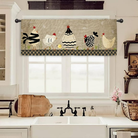 Rooster Farmhouse Kitchen Curtain Valance 54W x 18H Rod Pocket Rustic Farm Chicken Rural Country Plaid Window Treatment for Living Room Bedroom Bathroom Laundry