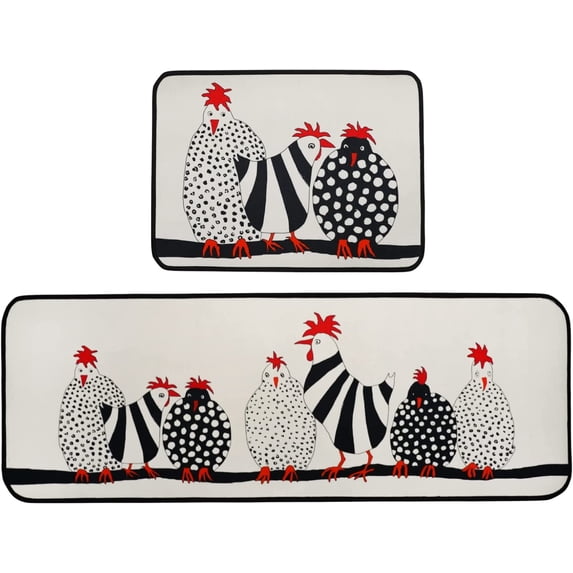 Rooster Farmhouse Kitchen Rugs Set 2 Piece Colorful Summer Decorative Rug for Kitchen Low-Profile Floor Mats Decorations for Home Kitchen (17.7x47.2+17.7x23.6 Grey Rugs)
