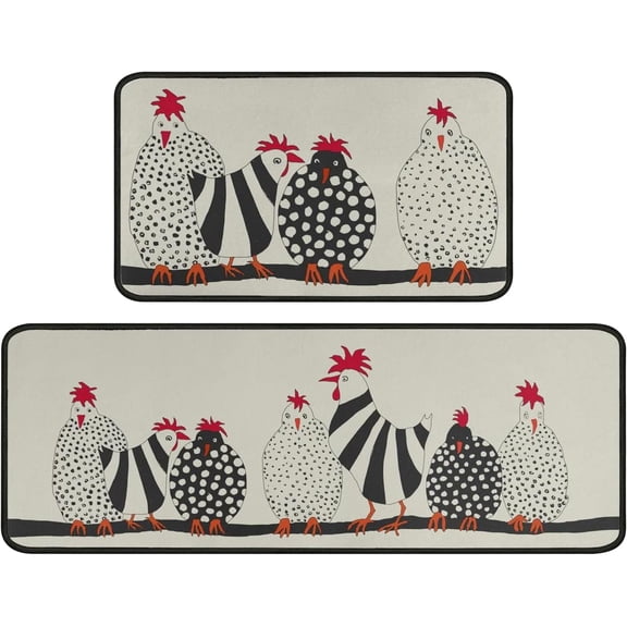 Rooster Farmhouse Kitchen Rugs Set 2 Piece Colorful Summer Decorative Rug for Kitchen Low-Profile Floor Mats Decorations for Home Kitchen (17"x48"+17"x30" Grey Rugs)