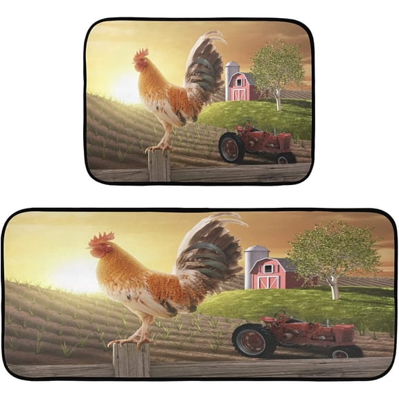 Rooster Farmhouse Kitchen Rugs and Mats Set 2 Piece Non Slip Washable Runner Rug Set of 2 for Kitchen Floor Home Decorative Laundry