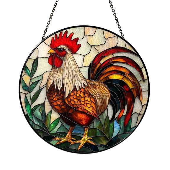Rooster Farmhouse Stained Glass Style Panel, Decorative Round Window Hanging