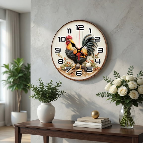Rooster Farmhouse Wall Clock, Round Wooden Mdf Rustic Chicken Wall Decor Clock For Kitchen Dining Room Home