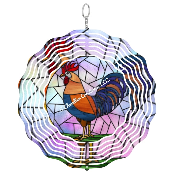 Rooster Faux Stained Glass 3D Wind Spinner, Farm Chicken Kinetic Art, Country Style Garden Decoration