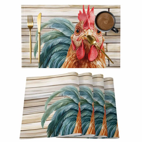 Rooster Feather Placemats Set of 8 Farmhouse Vintage Wooden Grain Place Mats Indoor Wipeable Table Mats Washable Cloth Dining Table Placemats for Kitchen Holiday Party Home Decor 13x19 Inch