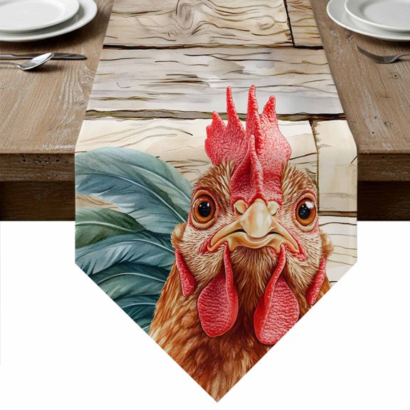 Rooster Feather Table Runner Linen Burlap Table Runner 108 Inches Long Farmhouse Vintage Wooden Grain Dresser Scarves for Kitchen Island Coffee Dining Party Wedding Banquet Holiday Decor 13"x108"