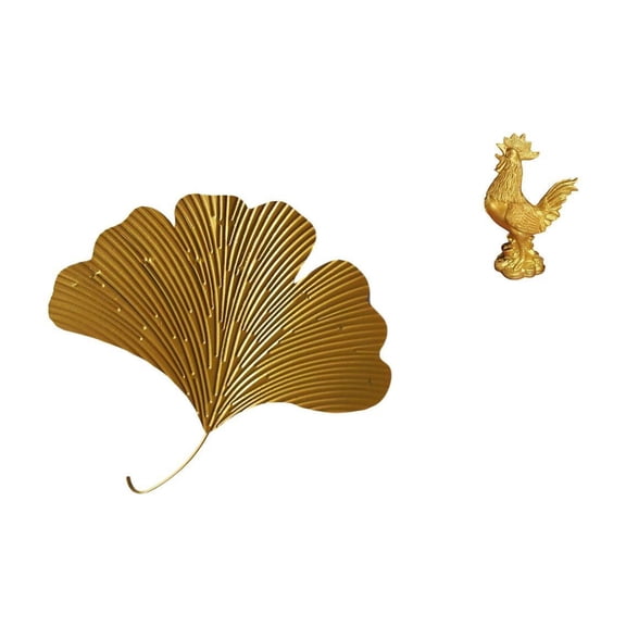 Rooster Figurine Ginkgo Leaf Wall Sculpture Chicken Hanging Decor Wrought Iron Material for Farmhouse Dining Room Office