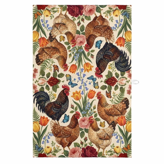 Rooster Floral 1 Pack Kitchen Towel, Water Absorbent Dish Towel, Farmhouse Spring Flowers Butterflies Decorative Hand Towels - Quick Drying Cloth for Cooking Baking, 18x28 Inch