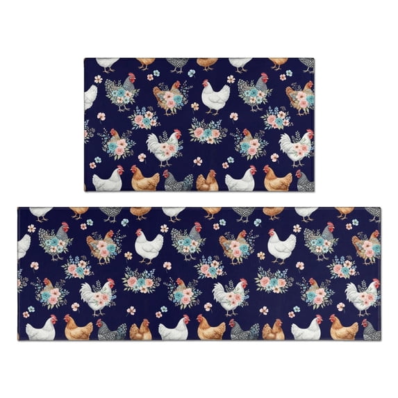 Rooster and Floral Navy Pattern Anti Fatigue Kitchen Rugs Set Of 2, Non Slip Washable Decorative Floor Mats for Kitchen Sink Laundry, 17"x30" and 17"x47"