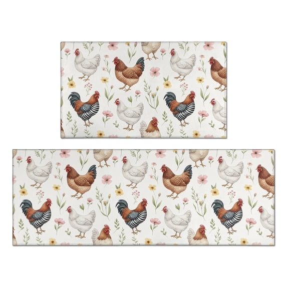 Rooster and Floral White Pattern Anti Fatigue Kitchen Rugs Set Of 2, Non Slip Washable Decorative Floor Mats for Kitchen Sink Laundry, 17"x30" and 17"x47"