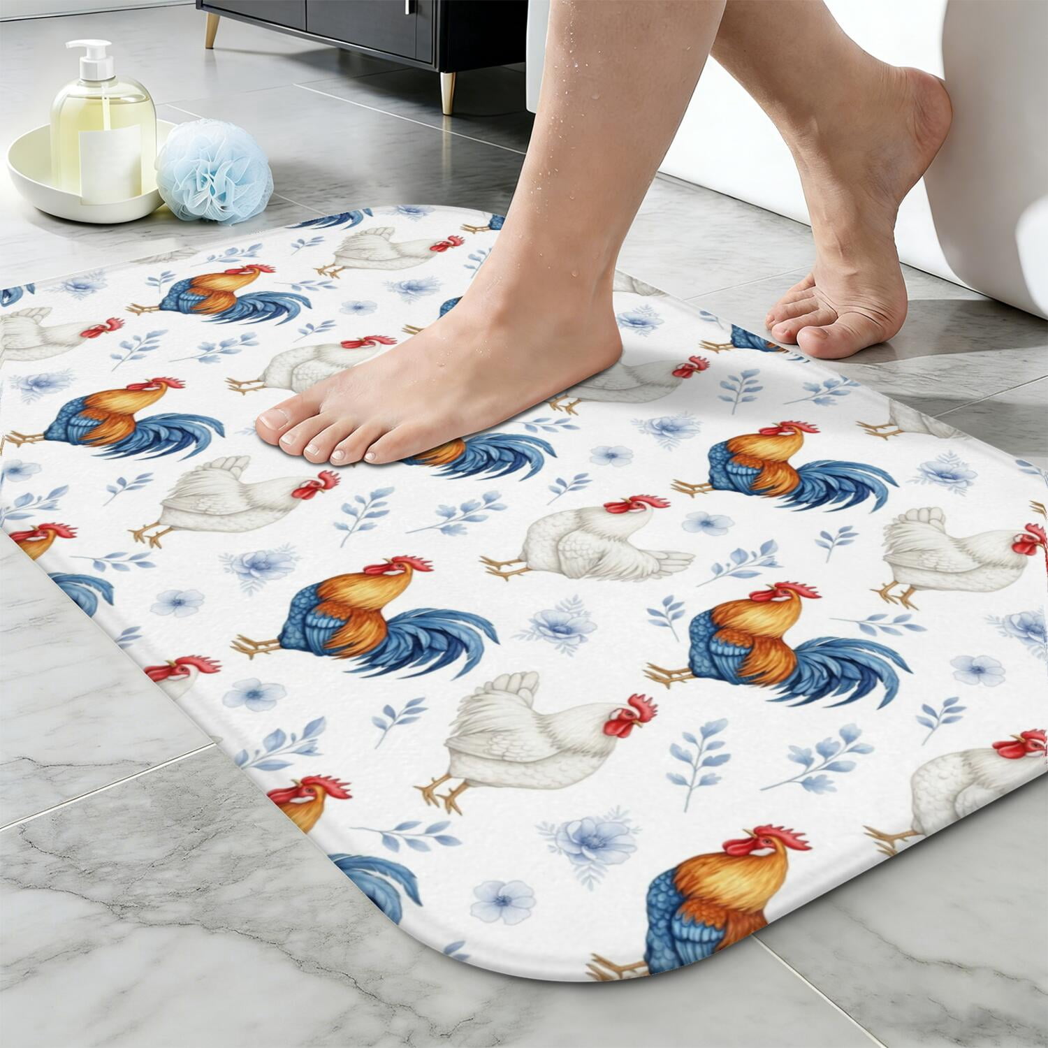 Rooster and Floral White Pattern Non-Slip Bath Mat, Shower Room Rug ...