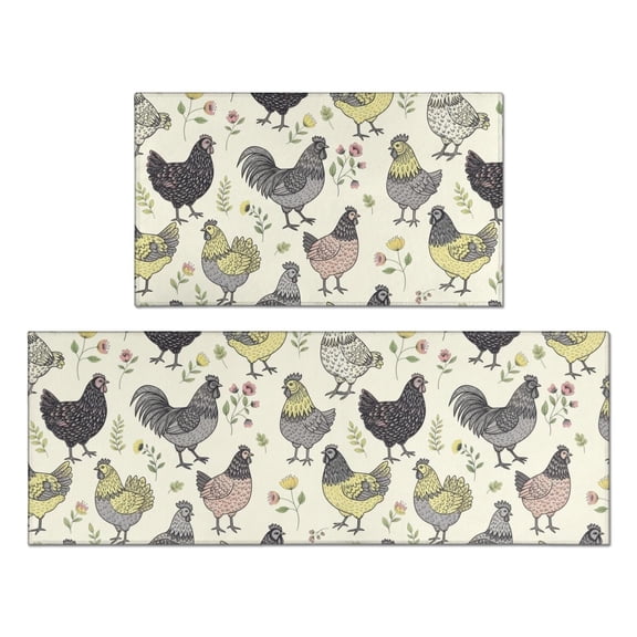 Rooster and Flower Cream Pattern Anti Fatigue Kitchen Rugs Set Of 2, Non Slip Washable Decorative Floor Mats for Kitchen Sink Laundry, 17"x30" and 17"x47"