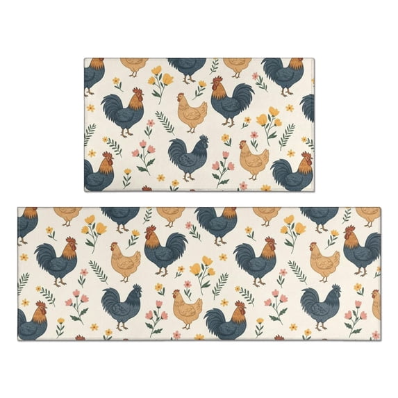 Rooster and Flower White Pattern Anti Fatigue Kitchen Rugs Set Of 2, Non Slip Washable Decorative Floor Mats for Kitchen Sink Laundry, 17"x30" and 17"x47"