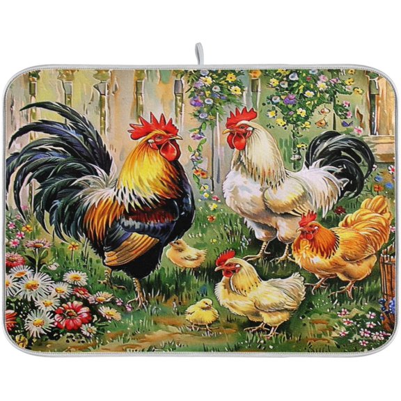 Rooster Flowers Dish Drying Mat 18 X 24 Inch Farm Cock Chick Floral Kitchen Rack Mats Dry Dishes Pads Tableware Mat Absorbent Microfiber Protector for Kitchen Countertops Counter Home Decor