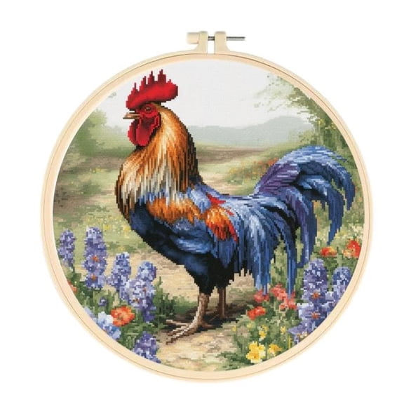 Rooster and Flowers Easy Cross Stitch Kits for Starter Kits DIY 11CT Pre-printed Stamped Patterns Embroidery Cross Stitching Needlework Kit Set Supplies with Hoop 35x35cm (a64)