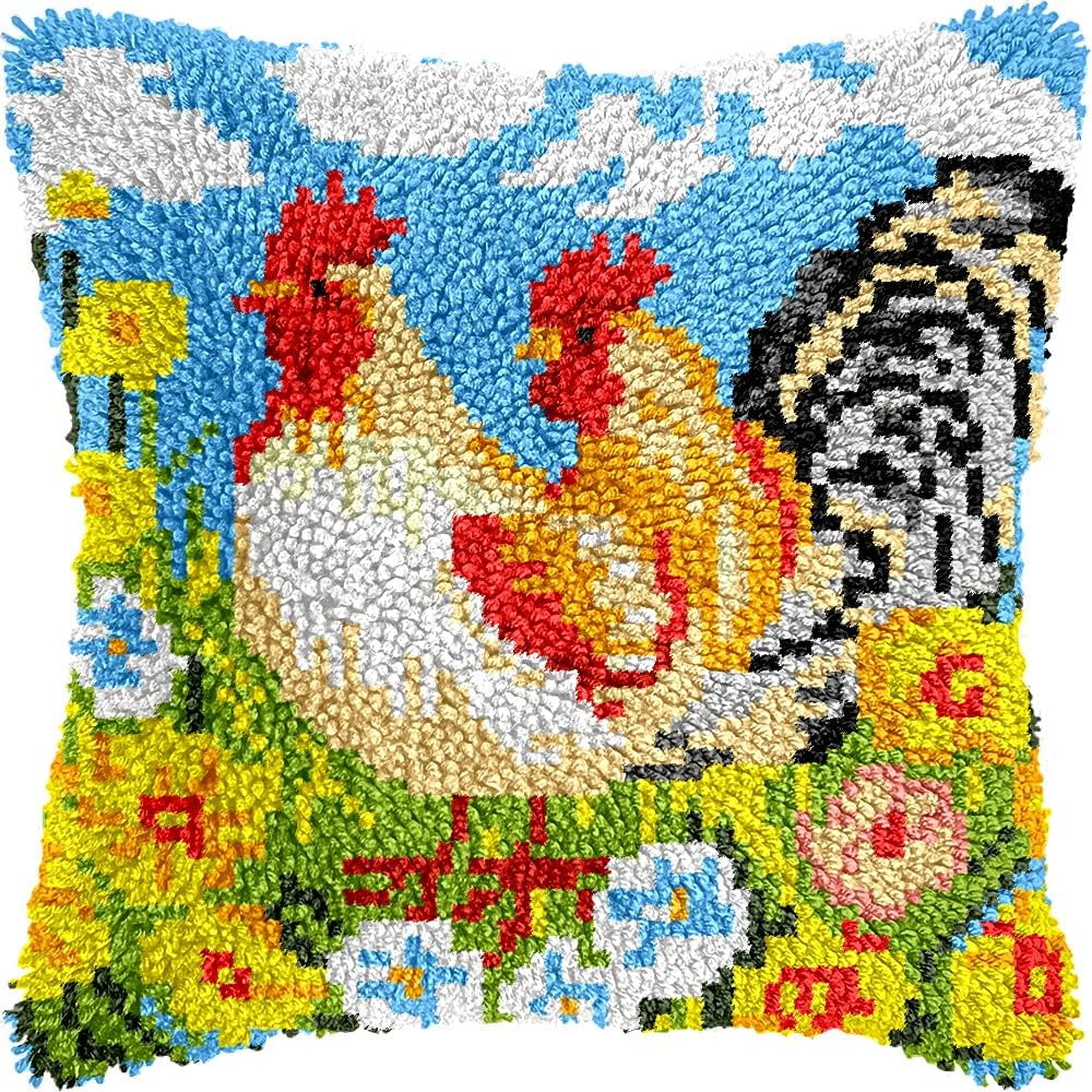 Rooster & Flowers Latch Hook Pillow Kits for DIY Throw Pillow Cushion Embroidery Latch Hooking Pillowcase Kits with Preprinted Canvas Crochet Yarn Kits for Home Decor 17''X 17''(d79)