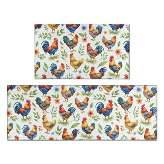 Rooster and Foliage White Pattern Anti Fatigue Kitchen Rugs Set Of 2, Non Slip Washable Decorative Floor Mats for Kitchen Sink Laundry, 17"x30" and 17"x47"