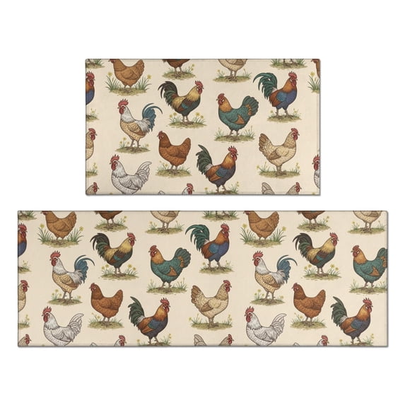 Rooster and Fowl Cream Pattern Anti Fatigue Kitchen Rugs Set Of 2, Non Slip Washable Decorative Floor Mats for Kitchen Sink Laundry, 17"x30" and 17"x47"