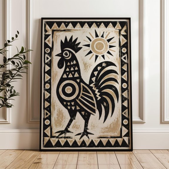 Rooster Geometric Folk Tribal Sun Poster