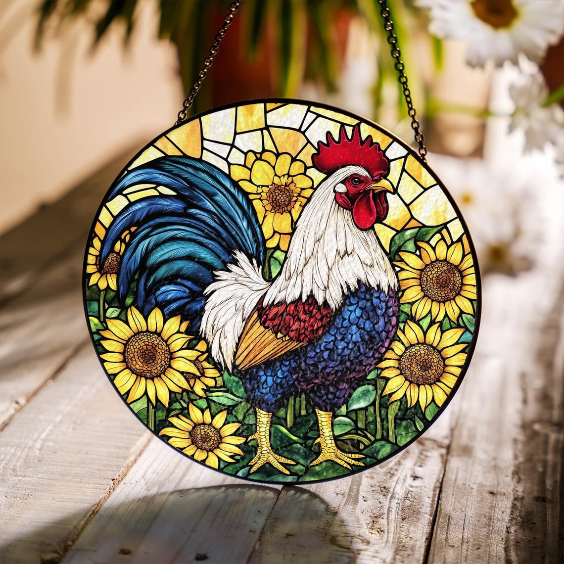Rooster Glass Suncatcher, Farmhouse Chicken Window Decor V2, 7.9 in ...