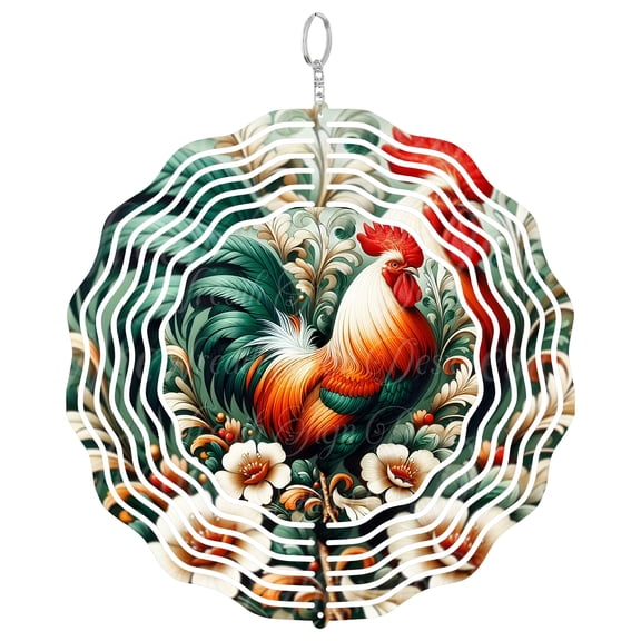 Rooster Green Orange 3D Wind Spinner Stainless Steel Kinetic Art Farmhouse Chicken Decor Gift