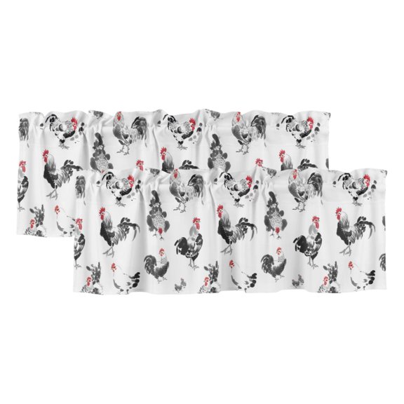 Rooster Hen 2 Panels Kitchen Valance, Watercolor Chicken Farm Animal Black Curtains Valances for Small Windows Rod Pocket Window Treatments for Living Room Bedroom 60" W x 18" L