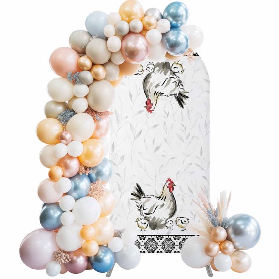 Rooster Hen Arch Backdrop Covers 6.6 FT, Chicken Farm Rustic Black Floral Stretchy Fitted Arched Stand Covers