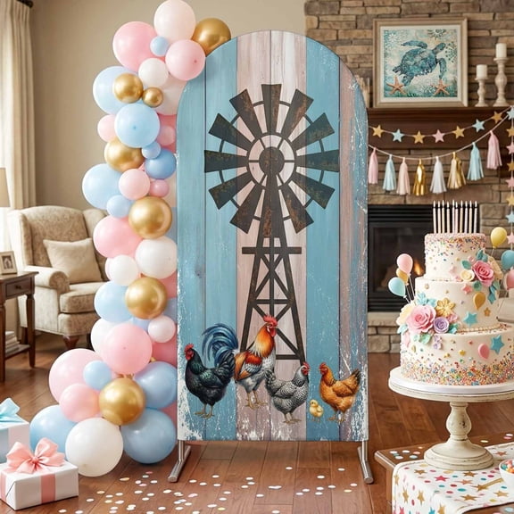 Rooster Hen Arch Backdrop Covers 6.6 FT, Rustic Windmill Farmhouse Animal Wood Striped Country Stretchy Fitted Arched Stand Covers Party Arch Stand Cover Photo Booth for Wedding Birthday Decor