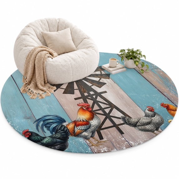 Rooster Hen Area Rug 3', Rustic Windmill Farmhouse Wood Striped Country ...
