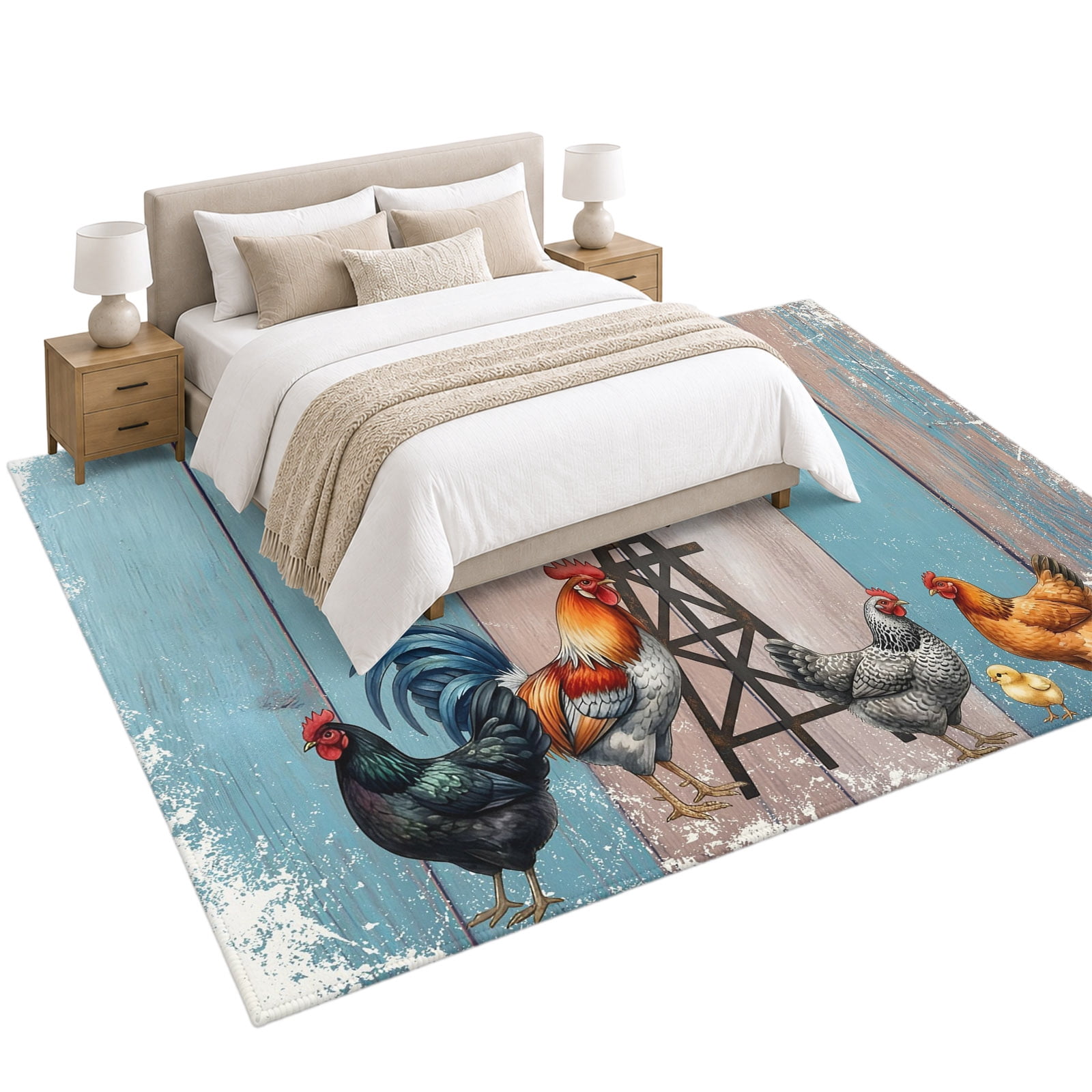 Rooster Hen Area Rug 5'x8', Rustic Windmill Farmhouse Wood Striped ...