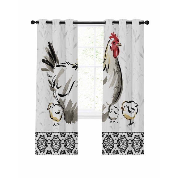 Rooster Hen Blackout Curtains 84 Inch Length Chicken Farm Animal Rustic Black Floral Thermal Insulated Window Curtain Window Drapes 2 Panels for Bedroom Living Room 52"Wx84"L