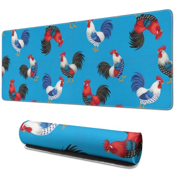Rooster and Hen Blue Pattern Extended Large Mouse Pad, Large Mouse Mat with Non Slip Base & Stitched Edges, Smooth Polyester Gifts for Birthday Christmas Thanksgiving,31.5"x11.8"