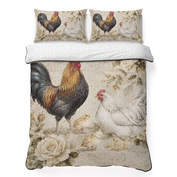 Rooster Hen Chick 3 Piece Quilt Bedding Set with 2 Pillow Shams, Rustic Farmhouse Rose Flower Script Background Lightweight Bedspread Coverlet, Soft Breathable All Season Quilt, 96 x 106 Inch