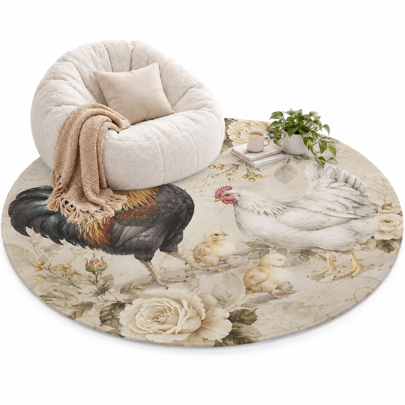Rooster Hen Chick Area Rug 6', Rustic Farmhouse Rose Flower Script ...
