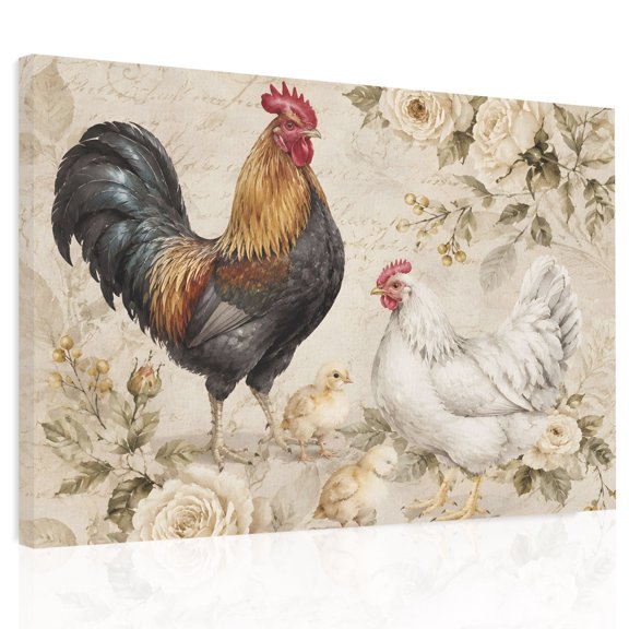Rooster Hen Chick Canvas Print Wall Art Rustic Farmhouse Rose Flower Script Background Wall Decor Modern Artwork Paintings Pictures for Living Room Stretched and Framed Ready to Hang - 12" x 16"