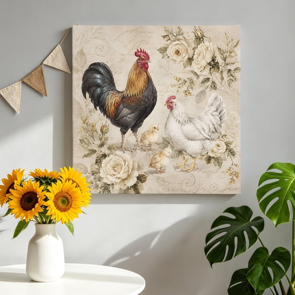 Rooster Hen Chick Canvas Wall Art, Rustic Farmhouse Rose Flower Script Background Framed Canvas Wall Decor Picture Print Artwork Decorations for Living Room Office Ready to Hang 8" x 8"