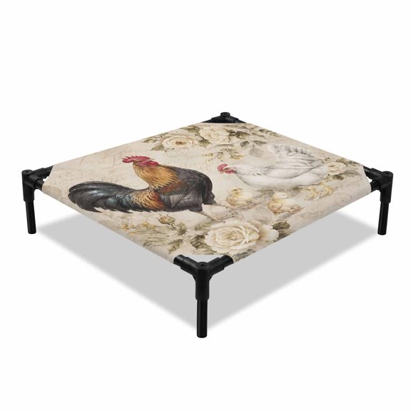 Rooster Hen Chick Elevated Dog Bed, Rustic Farmhouse Rose Flower Script Background Cooling Breathable Outdoor Raised Dog Cot Bed with Metal Frame Non-Slip Feet for Small Dog 20x20in