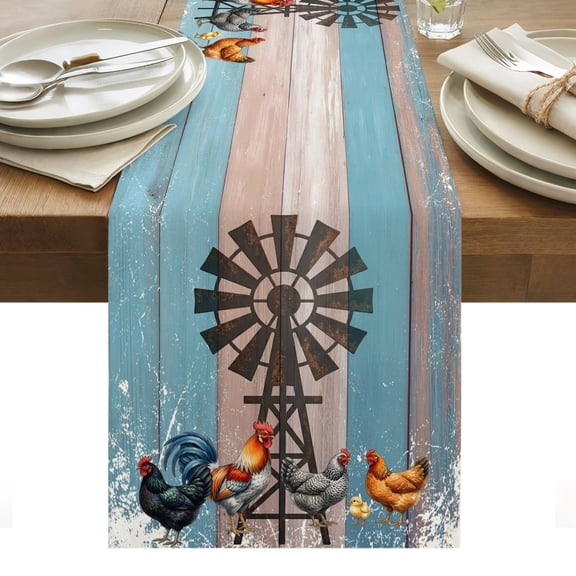 Rooster Hen Cotton Linen Table Runner Rustic Windmill Farmhouse Animal Wood Striped Country Dining Table Runners for Home Decor Party Dining Room Restaurant Kitchen Party 13" x 72"