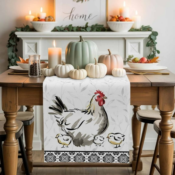 Rooster Hen Cotton Linen Table Runner, Washable Table Runners for Kitchen, Dining Room, Holiday, Home Party Table Decor, 13x48 Inches