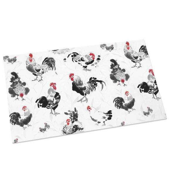 Rooster Hen Door Mat 16x24 Inch Watercolor Farm Animal Rustic Black Country Entryway Rug with Non-Slip Rubber, Front Door Rug Indoor Floor Mats for Living Room Bathroom Bedroom Home Office